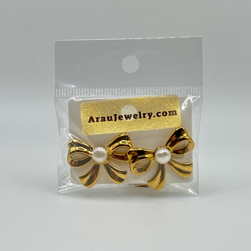 Gold Bow Earrings with Pearl Accent